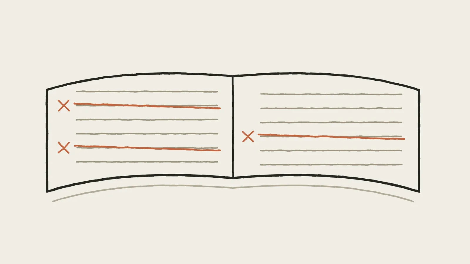 A hand-drawn illustration of an open ledger, several of its entries crossed out in red