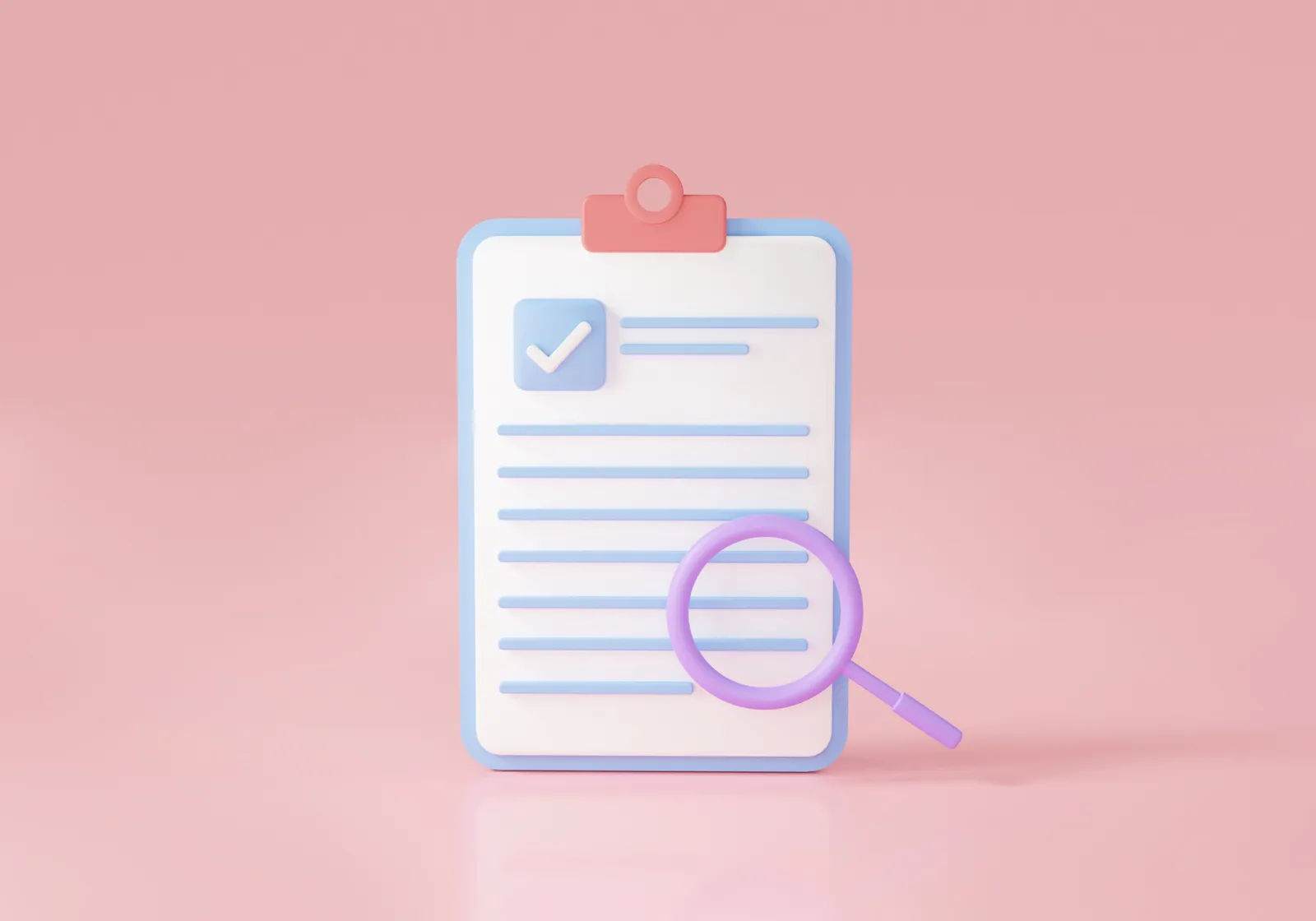 A pink 3D scene of a clipboard checklist with a checkmark, and a purple magnifying glass leaning against it