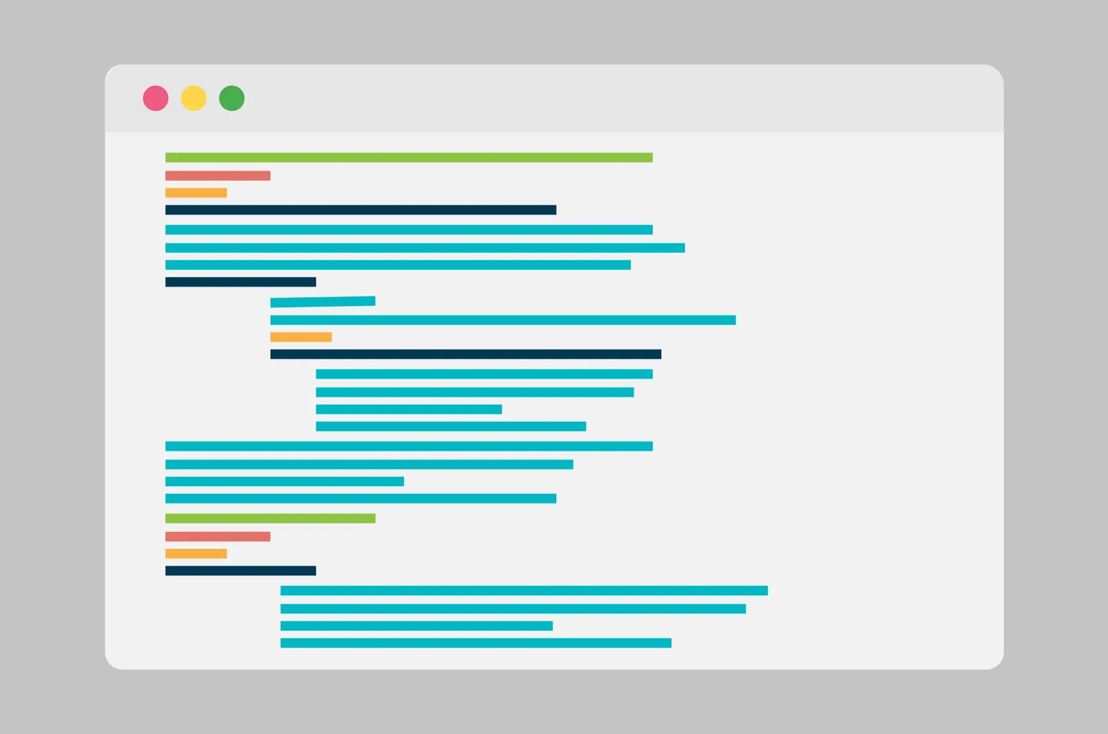 A mockup of a code editor window showing colored lines representing source code