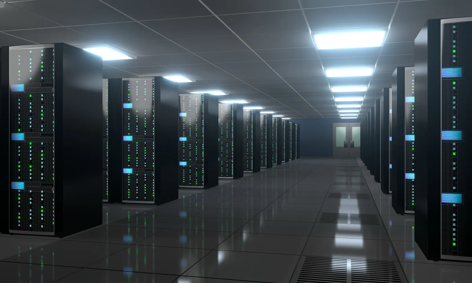 Featured image: a rendered corridor of dark server racks with glowing blue status screens, receding toward a set of double doors
