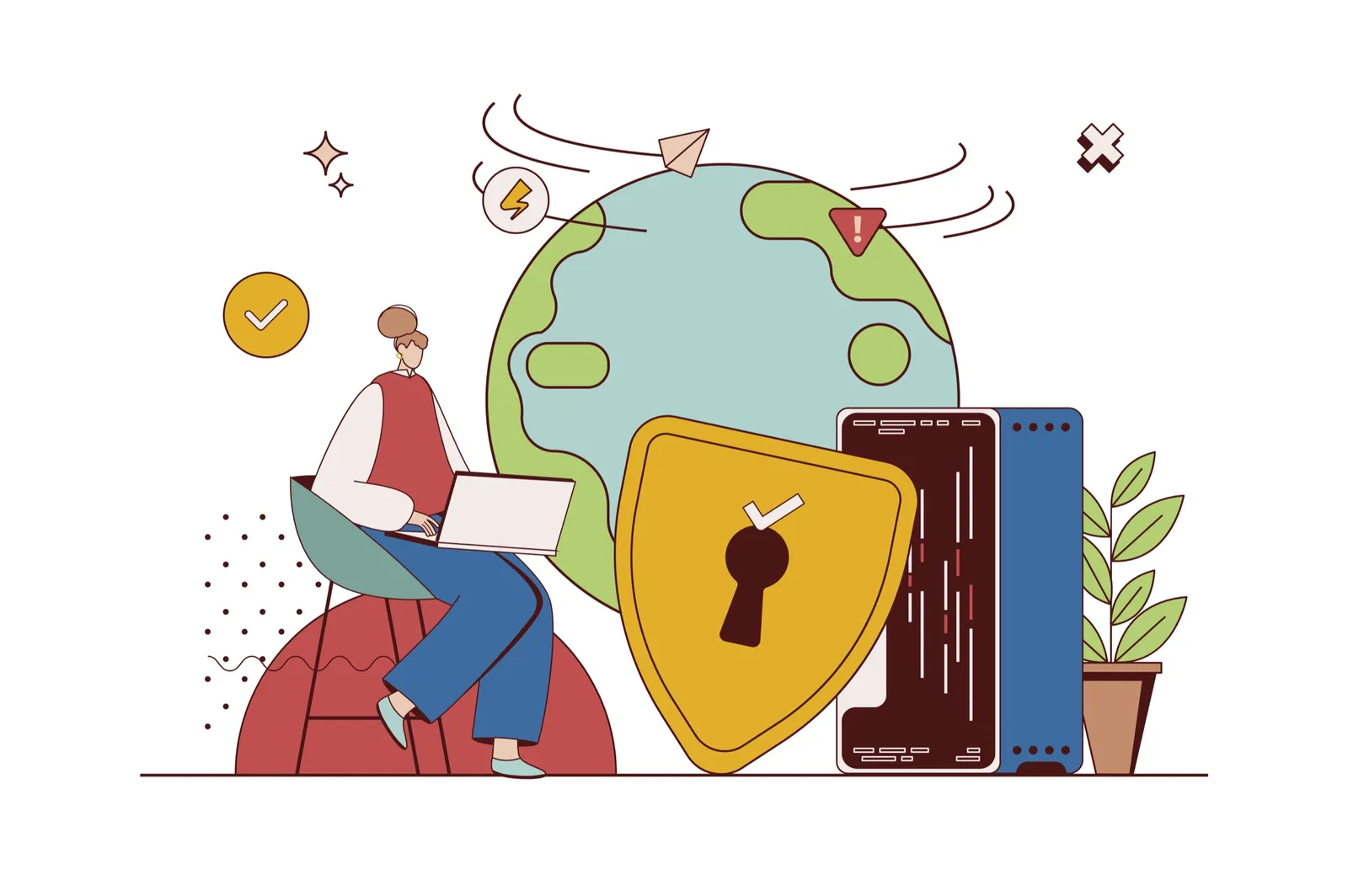 Featured image: a flat illustration of a person at a laptop beside a yellow shield with a keyhole, a server rack, and warning icons