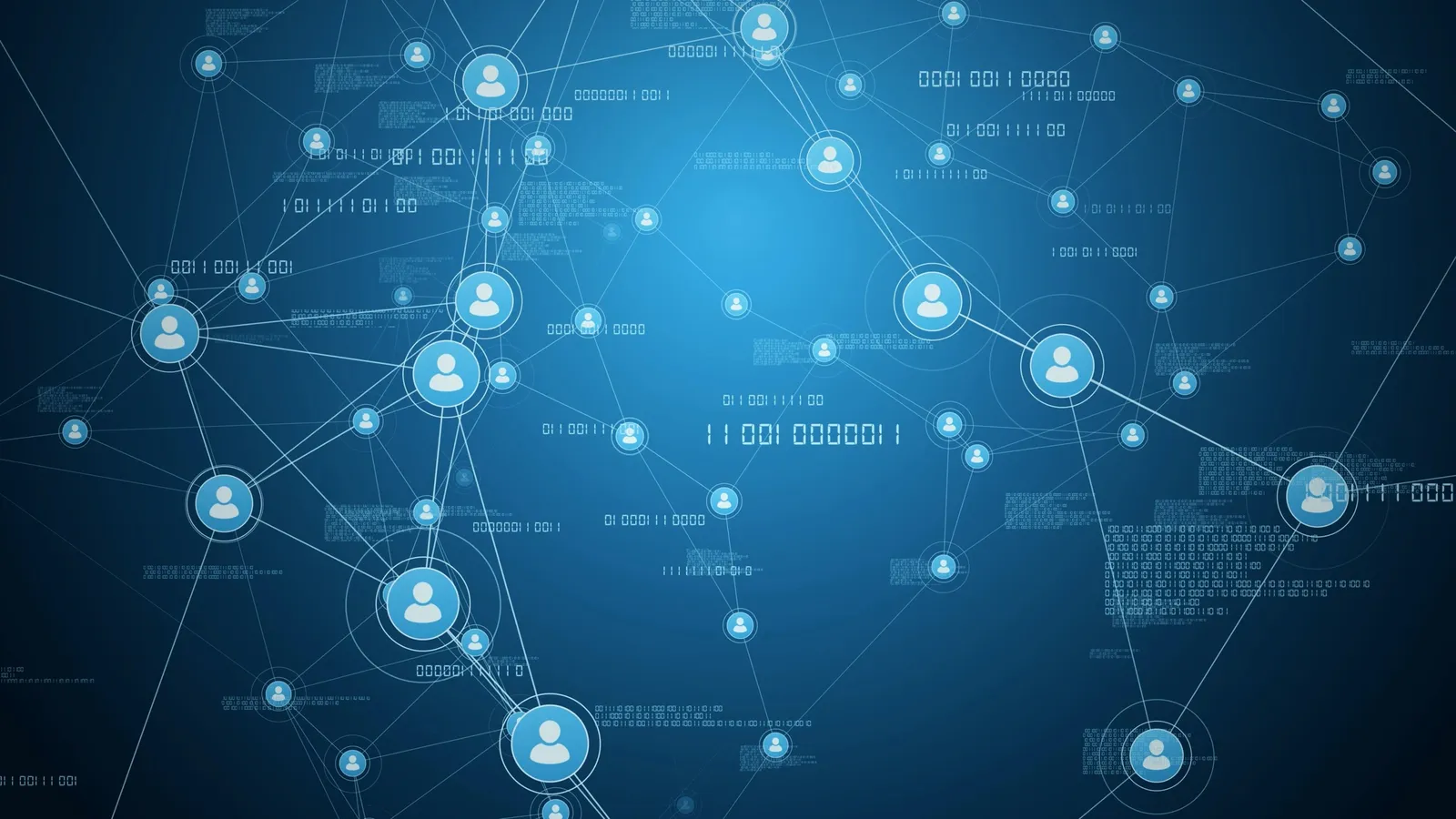 Featured image: a dark blue illustration of connected network nodes represented by person icons, with binary code in the background