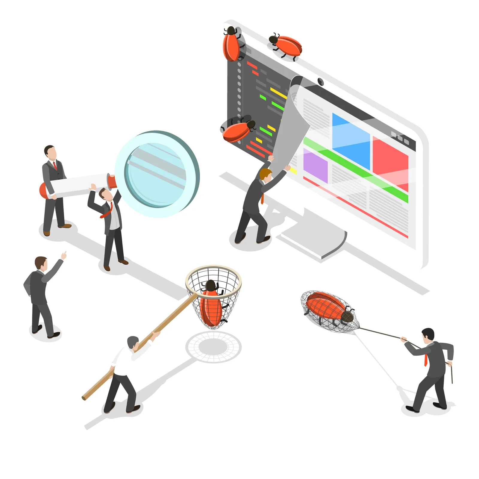 An isometric illustration of people with nets, a magnifying glass, and a giant tweezers pulling bugs off a browser window showing a webpage