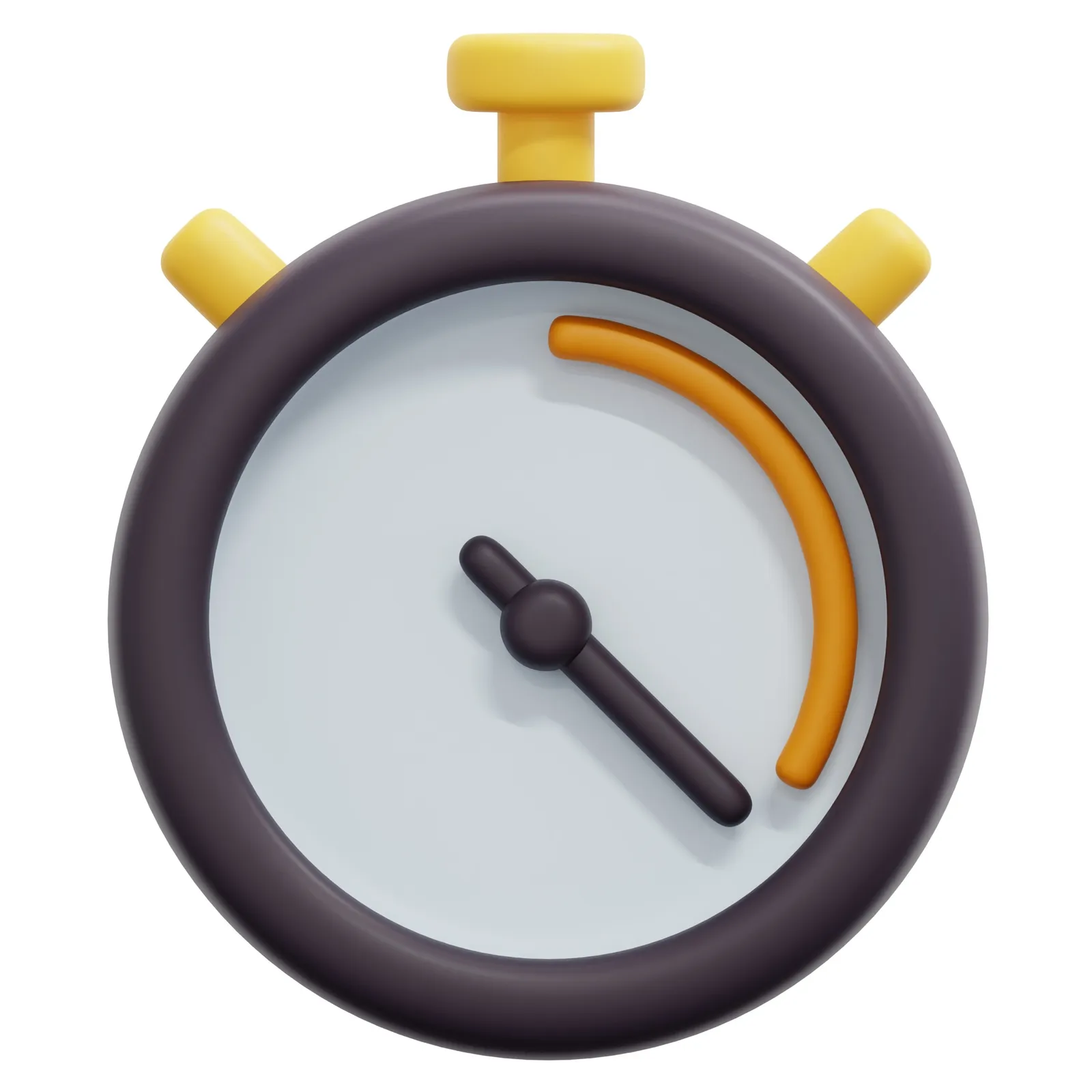 A 3D illustration of a yellow and dark purple stopwatch