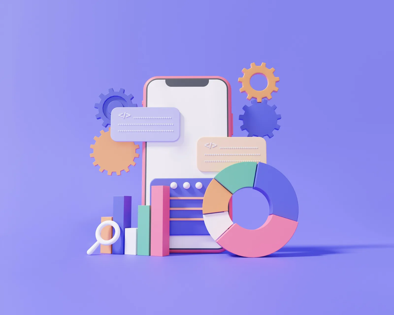 Featured image: a 3D illustration of a smartphone with code snippets, gears, and analytics charts floating around it