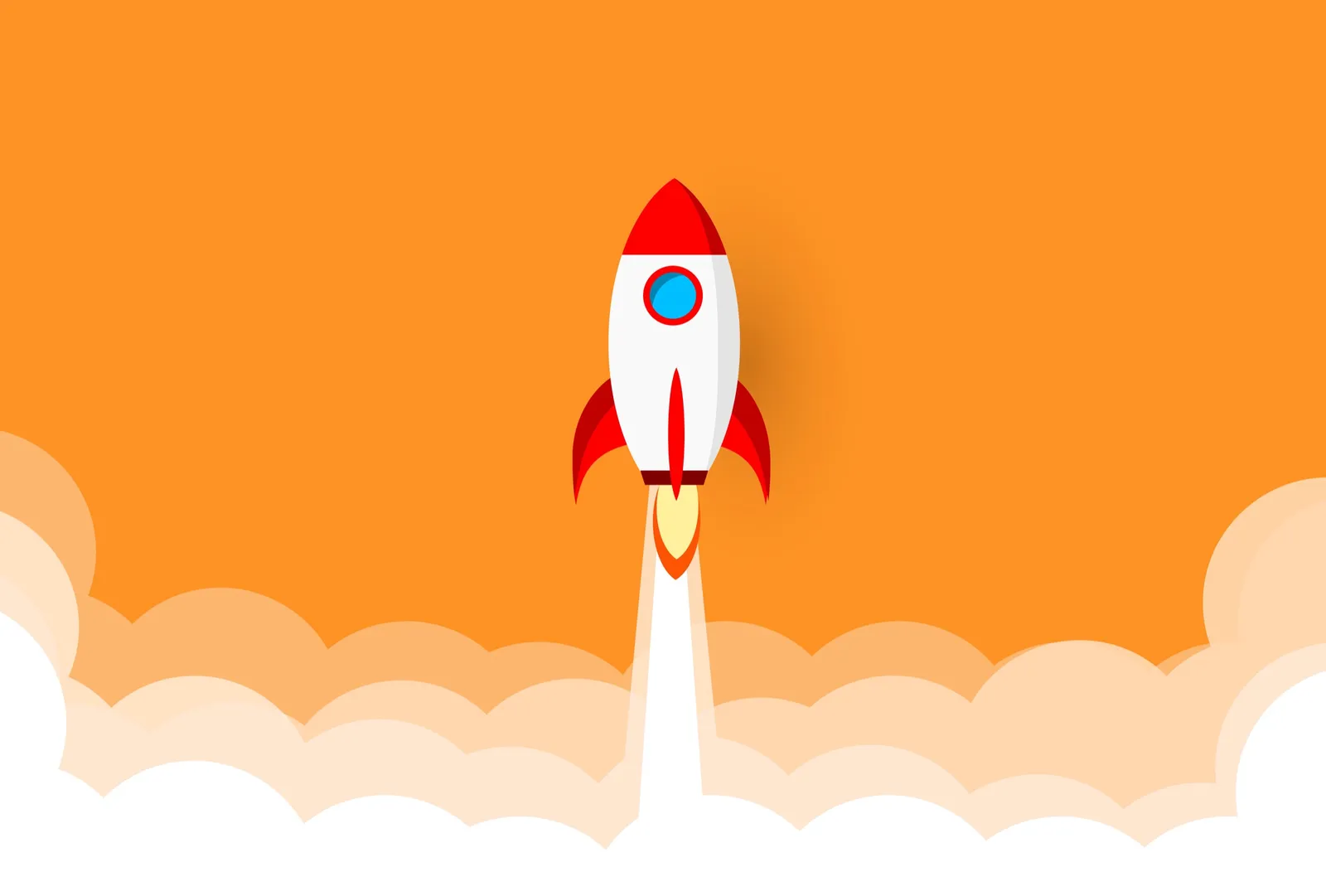 A flat illustration of a rocket launching through clouds against an orange sky