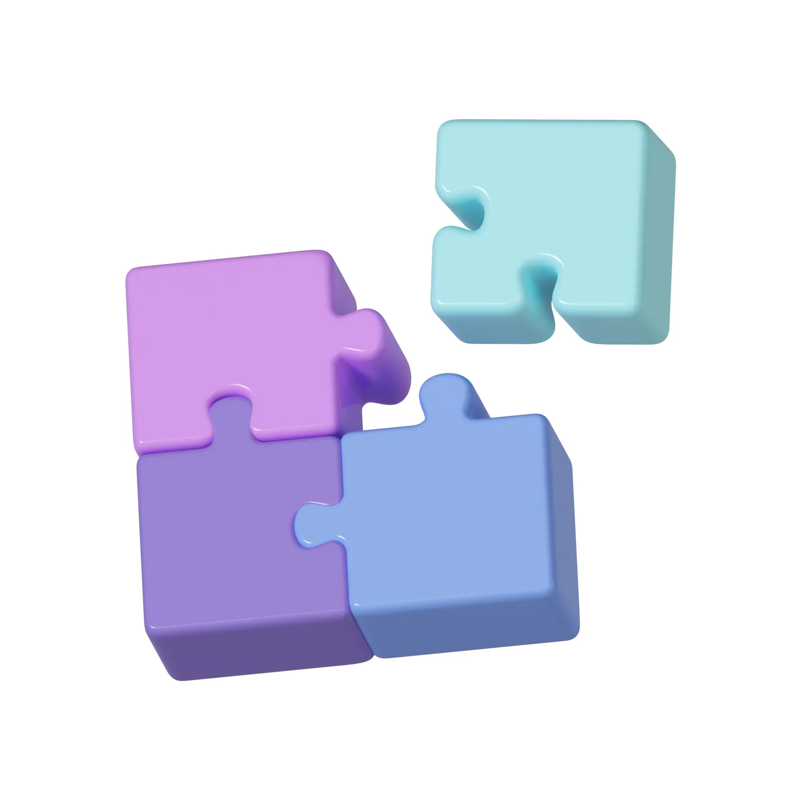A 3D illustration of jigsaw puzzle pieces, three joined together and one more about to connect