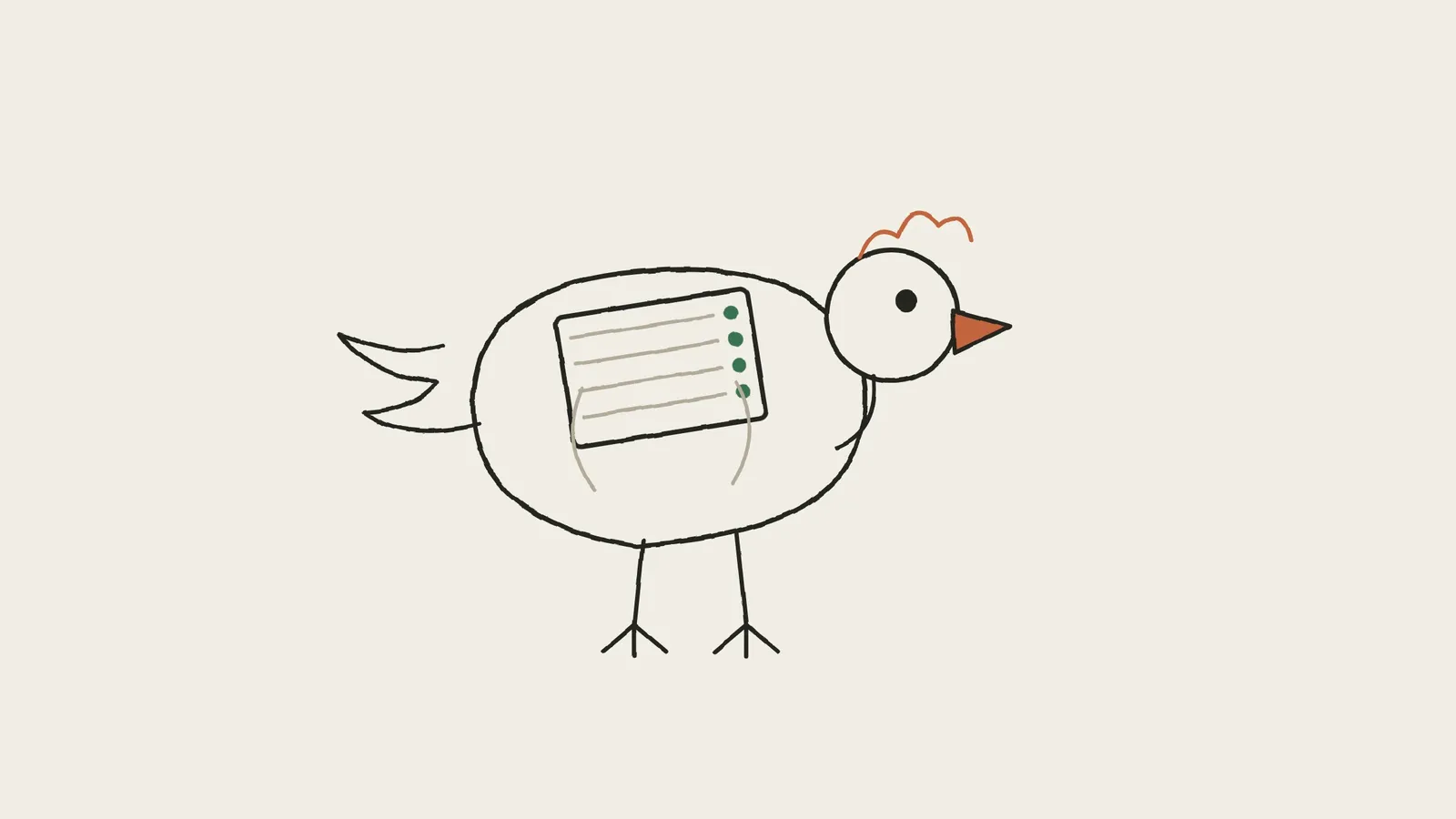 A hand-drawn illustration of a chicken wearing a tiny server rack as a saddle