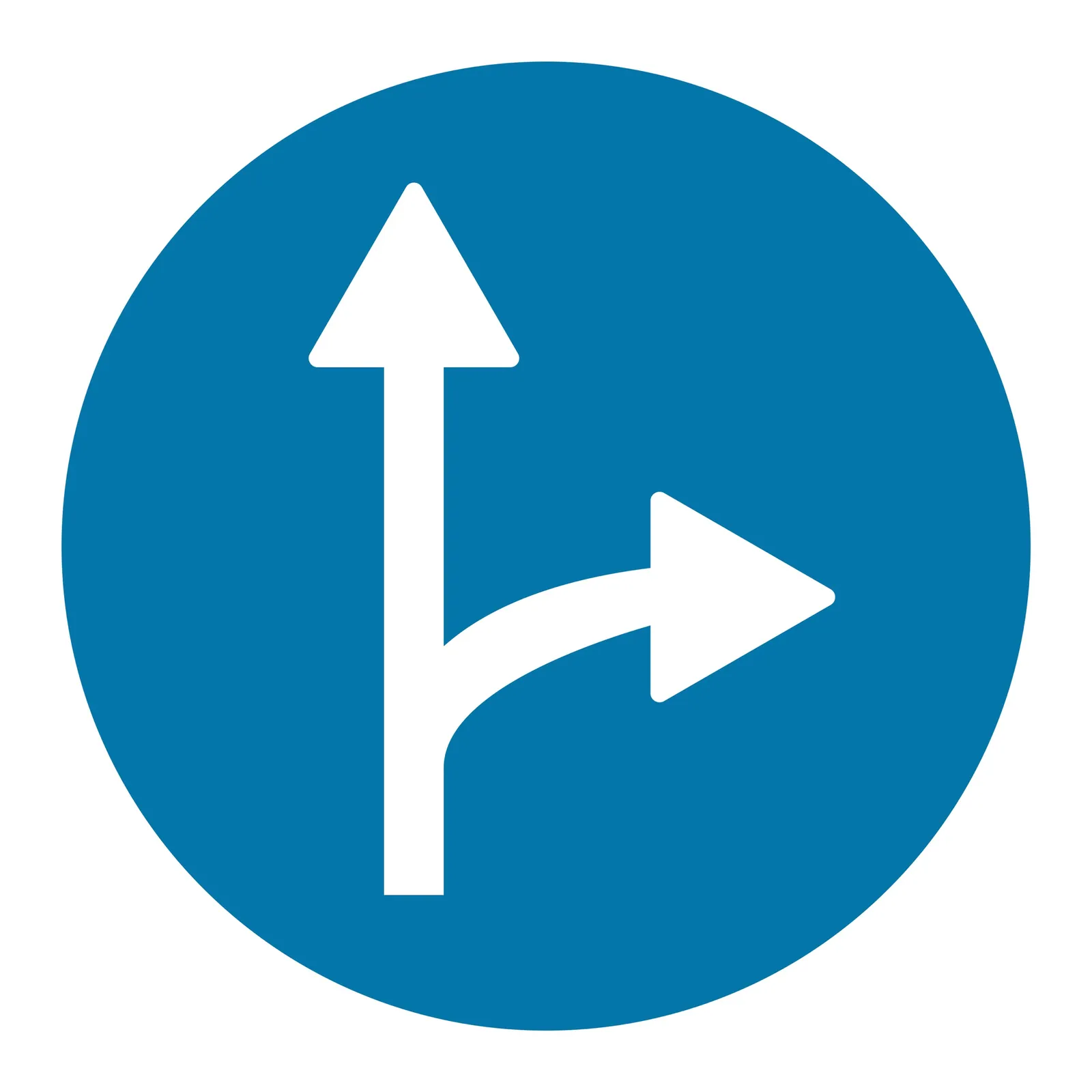 A blue round road sign showing a straight arrow forking into a right turn