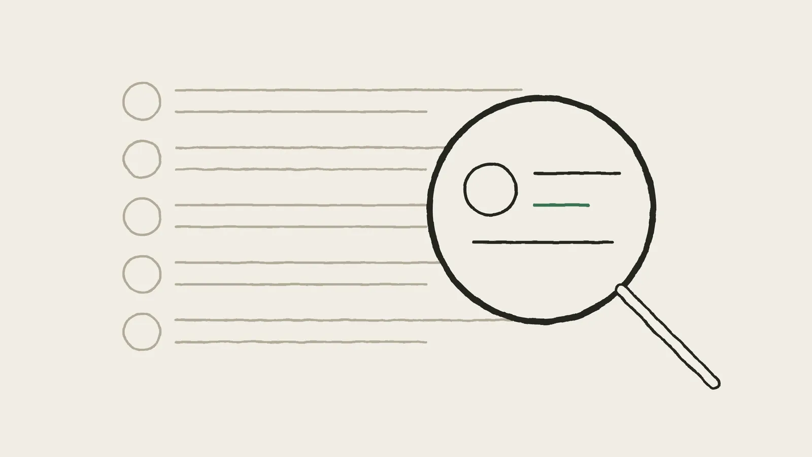 A hand-drawn illustration of a magnifying glass held over a scrolling list of forum posts