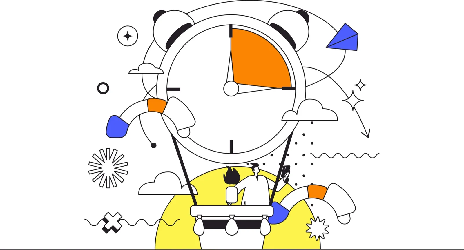 Featured image: a line illustration of a person in a hot air balloon shaped like a large clock
