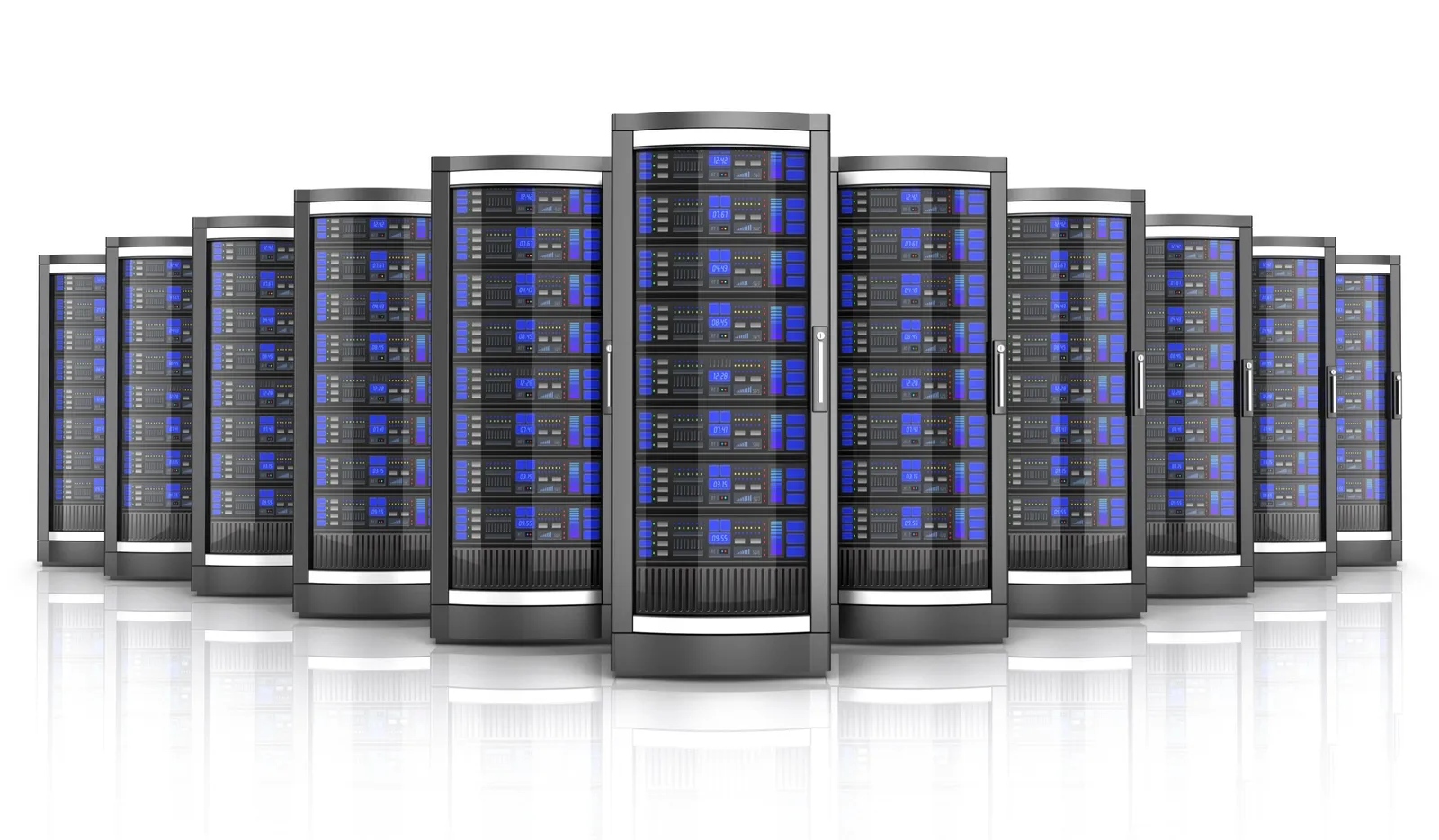 Featured image: a 3D render of a row of blue-lit server racks, one pulled forward from the rest