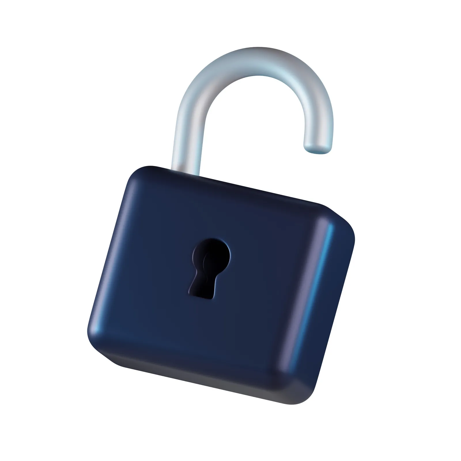 An open navy blue 3D padlock icon