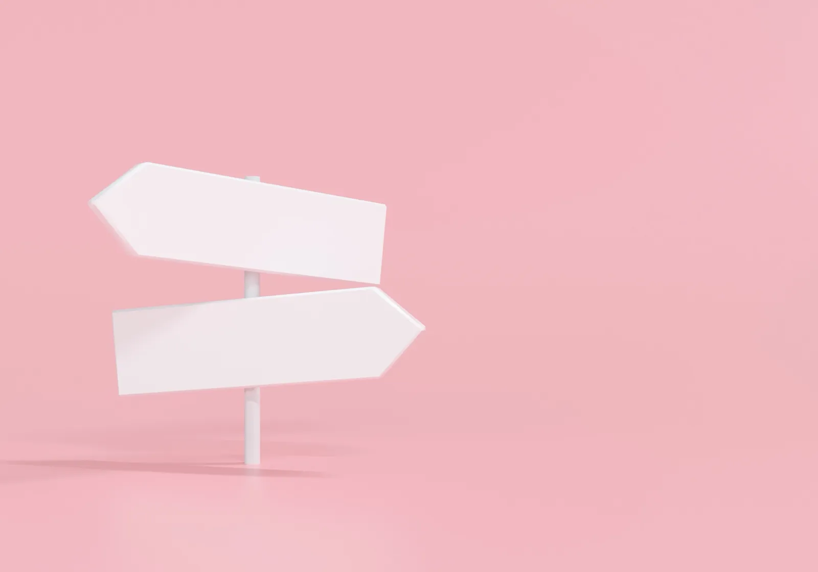 A 3D illustration of a white two-way signpost against a pink background, both arms pointing in opposite directions