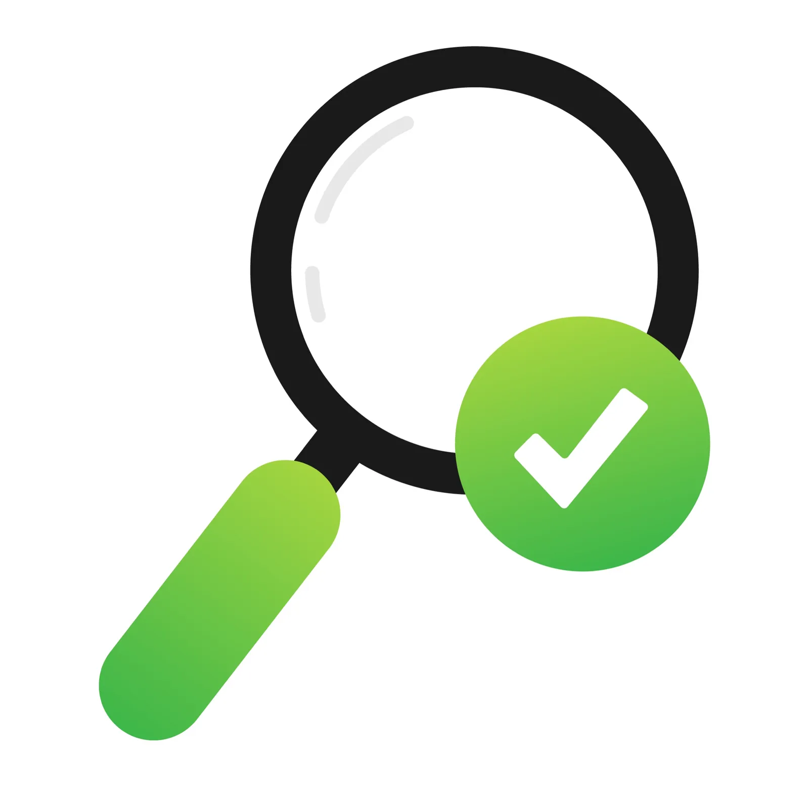A magnifying glass icon with a green checkmark badge